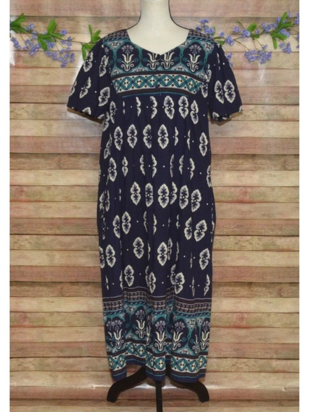 Loungees L Floral Boho Muumuu Patio House Dress Maxi Blue Pockets Cotton Lounge